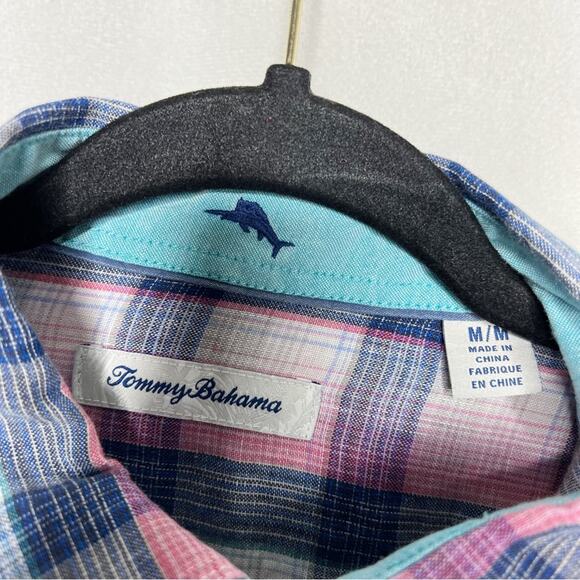 TOMMY BAHAMA / Polynesian Plaid Linen Shirt pink white blue plaid button up / M - Picture 4 of 7
